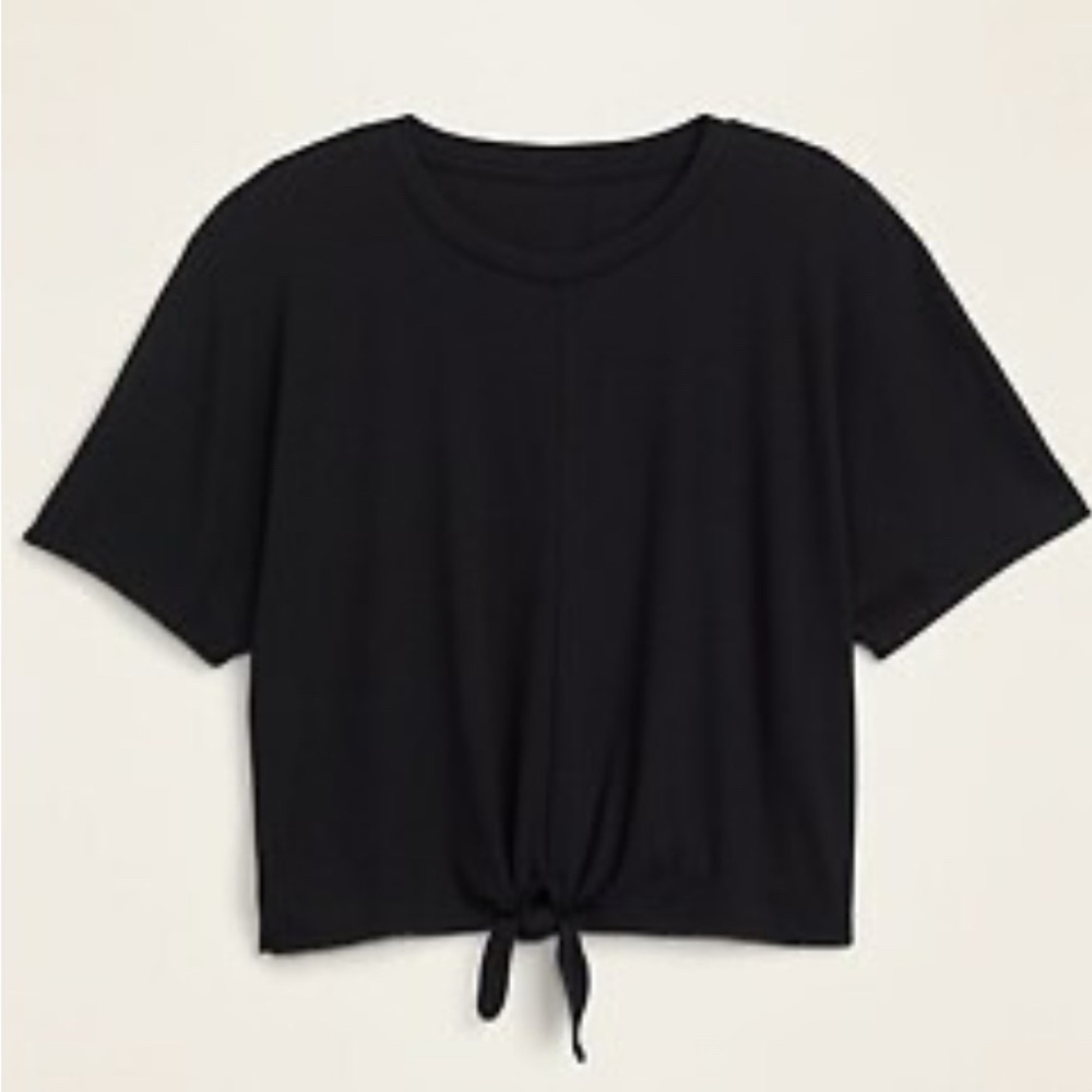 Crewneck Tie Hem Short-Sleeved Top - Black - S